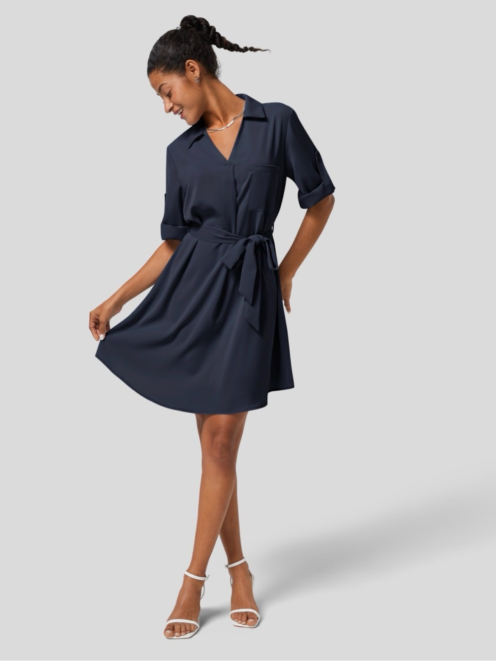 Halara Roll Up Sleeve Belted Relaxed Work Shirt Dress | Size L | NWT | Navy Blue